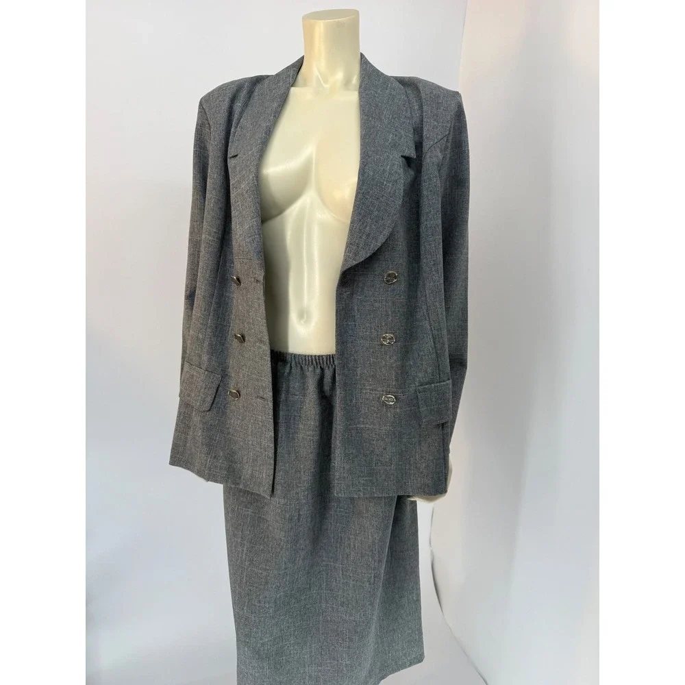 Vintage 80s Prelude Grey Skirt Suit Power Suit Size 16 Bold Shoulder Lightweight
